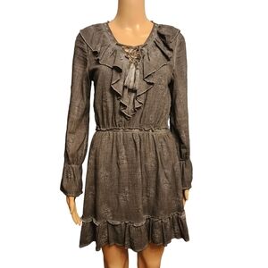 Gray Ruffle and Bell Sleeve Peasant Boho Dress Size S